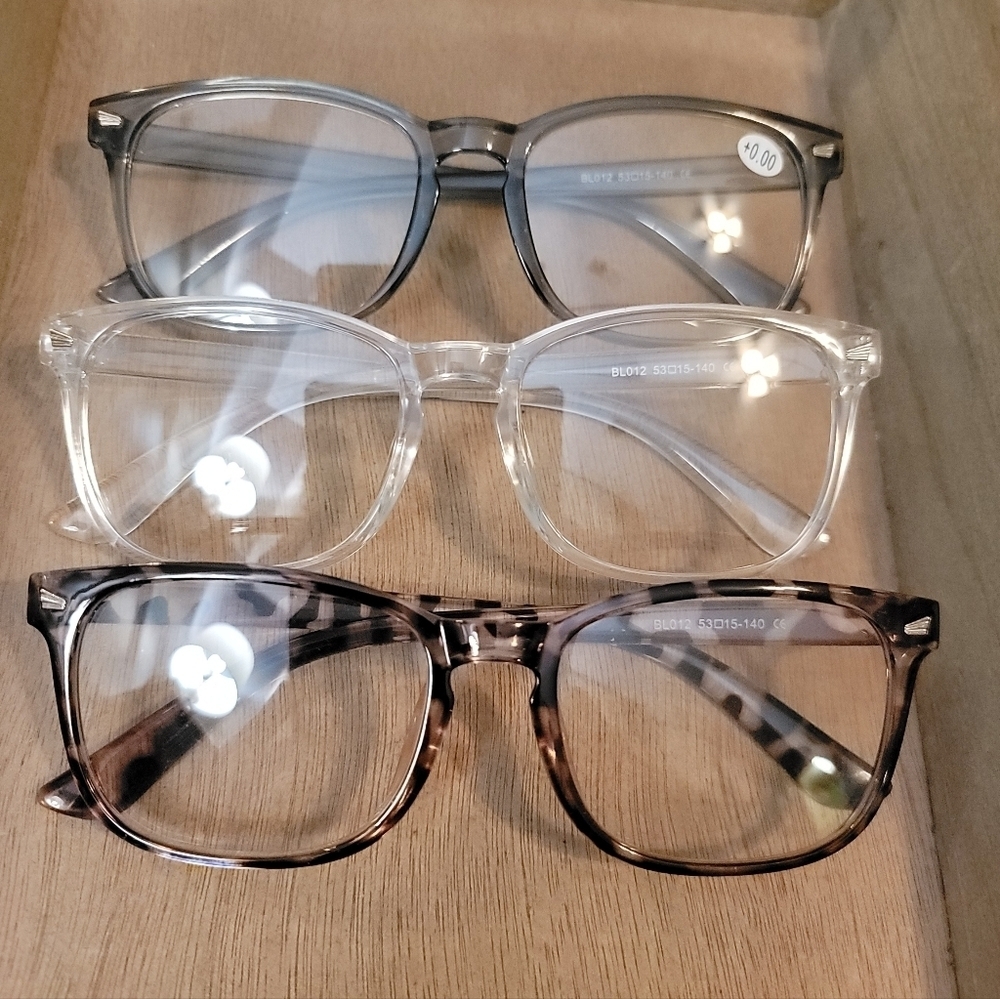 Stylish Eyeglasses Set in Gray, Clear, and Brown